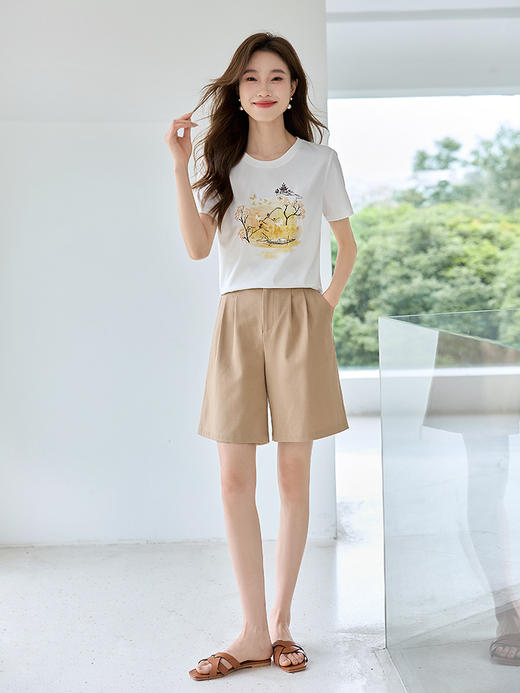 【专属特价】熙世界2025夏季新款轻国风水墨晕染刺绣白色T恤短袖设计感上衣 商品图4