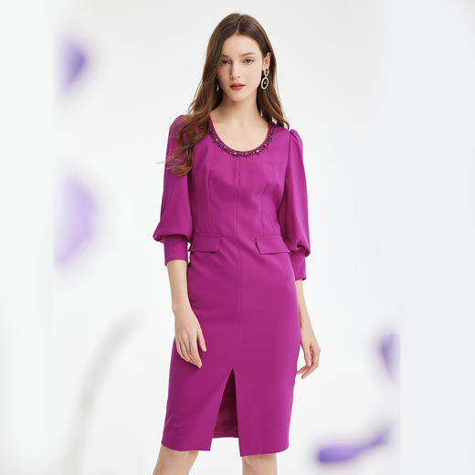 PF876斯尔丽2024新款宴会礼服圆领镶钻中开叉OL高级气质时尚连衣裙 商品图0