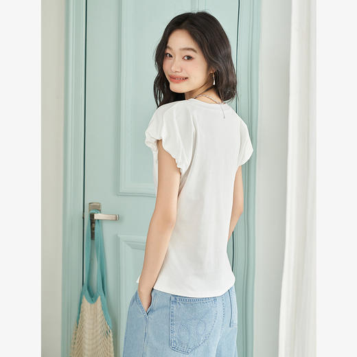 简约百搭设计感前开叉小飞袖T恤女夏季抽褶收腰T恤背心V1741404 商品图4