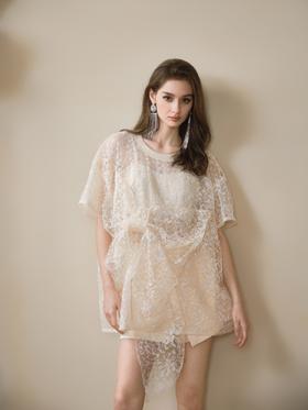 杏色花朵蕾丝立裁蝴蝶结长T恤上衣