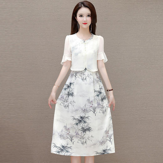 时尚洋气假两件印花连衣裙，中长款拼结时尚A字裙QYM- LRX-AM24708-Y 商品图0