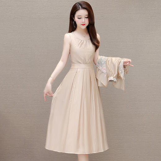 新中式国风盘扣长袖印花，复古外套+内搭无袖中长款连衣裙两件套QYM-JJ-6628163-Y 商品图1