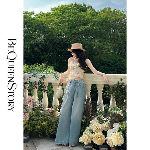 BeQueenStory【绿野仙踪】浪漫印花飘逸荷叶边性感露肩钉珠吊带上衣 商品图2