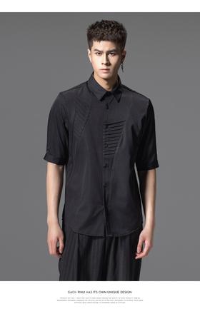 PINLI品立夏季新款扭褶五分袖休闲衬衫男士纯色商务短袖衬衣B242113086
