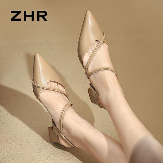 ZHR则则粗跟ins包头凉鞋女2024夏季新款韩版百搭尖头高跟鞋配裙子 商品图9