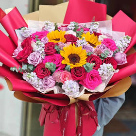 【福满安康】3朵向日葵➕10朵红玫瑰➕6朵弗洛伊德➕8朵紫色玫瑰➕6朵爱沙➕配花配叶，时尚大气花束，海派超级大花束