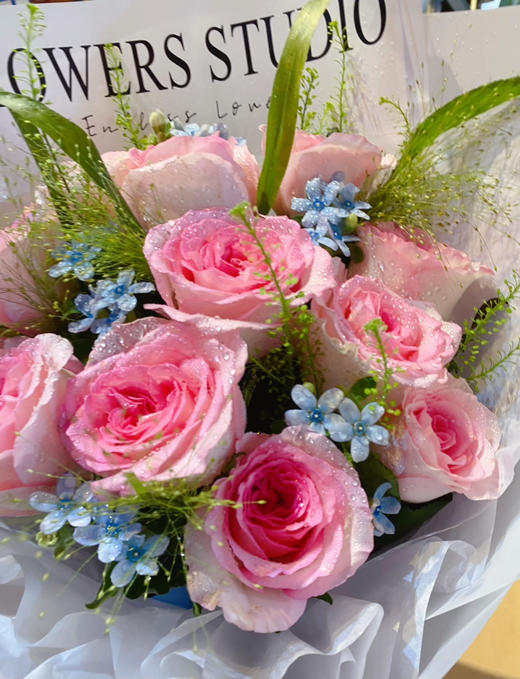 【十全十美】10朵洛神大玫瑰➕蓝星花➕喷泉草，精品花束 商品图1