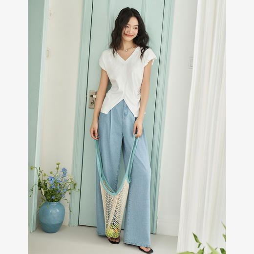 简约百搭设计感前开叉小飞袖T恤女夏季抽褶收腰T恤背心V1741404 商品图1