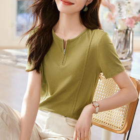 MZ-16876拉链圆领短袖女T恤夏季新款简约纯色显瘦百搭套头体恤上衣