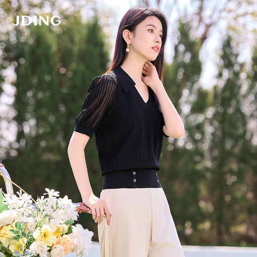 【商场同款】CJKJ501  “ 精美针织衫  ” 简约百搭黑色 腰封设计，巧妙提升腰线  灯笼袖缩窄肩宽  打造直角肩好穿显瘦 肌理感丰富微透的袖子 更有知性感 商品图8