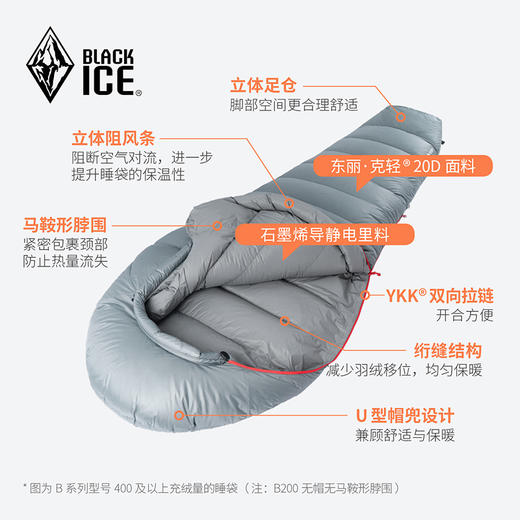 黑冰（BLACKICE） 【B系列鸭绒木乃伊式羽绒睡袋】户外露营单人防寒保暖羽绒睡袋（新标准） 商品图2