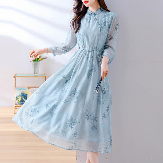 小清新文艺国风轻薄宽松显瘦盘扣气质蓝色连衣裙AHM-blty8713 商品图2