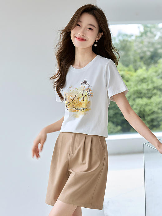 【专属特价】熙世界2025夏季新款轻国风水墨晕染刺绣白色T恤短袖设计感上衣 商品图2