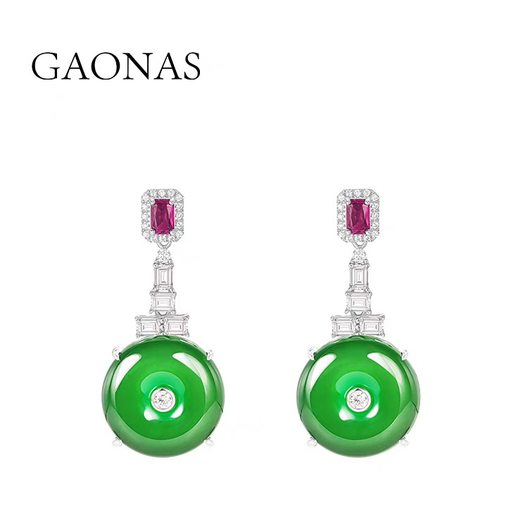 GAONAS 925银锆石耳饰 高纳仕 气质绿色平安扣耳环 BE032900