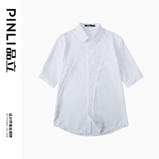 PINLI品立夏季新款扭褶五分袖休闲衬衫男士纯色商务短袖衬衣B242113086 商品图3