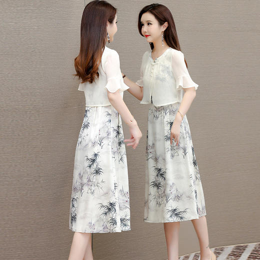 时尚洋气假两件印花连衣裙，中长款拼结时尚A字裙QYM- LRX-AM24708-Y 商品图2