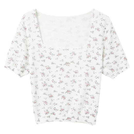 三彩2024夏季新款纯棉碎花针织衫法式方领短款毛衫短袖甜美清新女M 商品图4