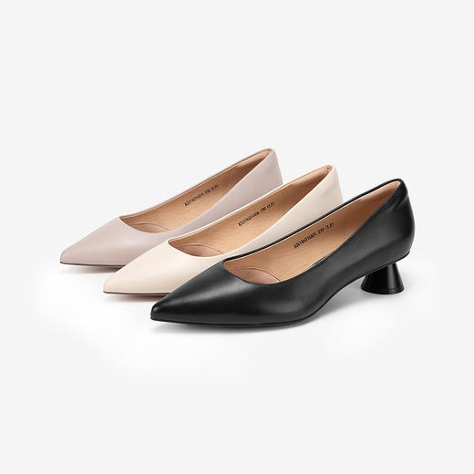 千百度中跟裸色浅口单鞋女春季尖头增高显瘦通勤小皮鞋A24106016 商品图1