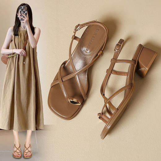 ZHR则则法式绕带夹趾粗跟凉鞋2024新款温柔中跟百搭高级外穿女鞋 商品图1