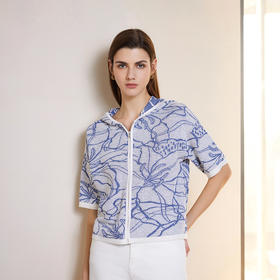 【连帽印花高织短袖针织衫】24年春夏新品女士荷花印花针织开衫外套