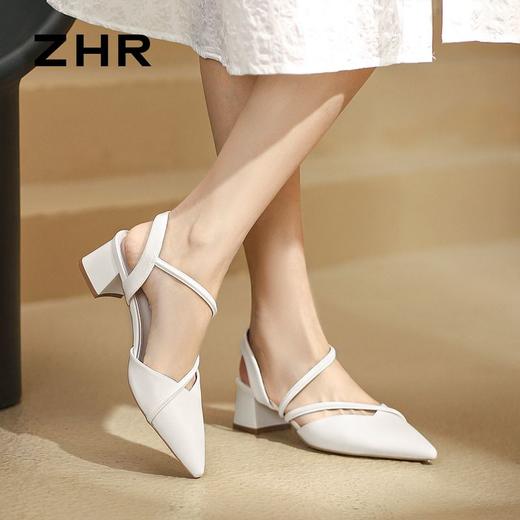 ZHR则则粗跟ins包头凉鞋女2024夏季新款韩版百搭尖头高跟鞋配裙子 商品图8