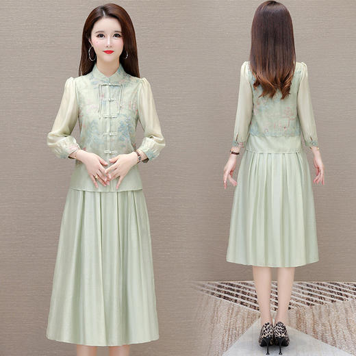 新中式国风盘扣长袖印花，复古外套+内搭无袖中长款连衣裙两件套QYM-JJ-6628163-Y 商品图3