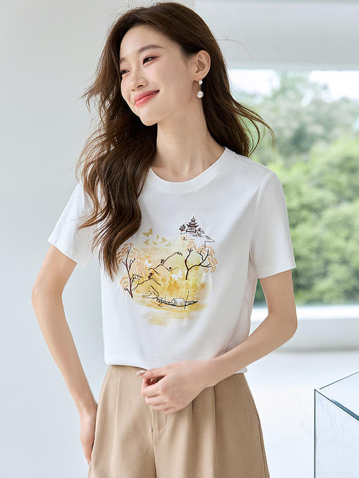 【专属特价】熙世界2025夏季新款轻国风水墨晕染刺绣白色T恤短袖设计感上衣 商品图3