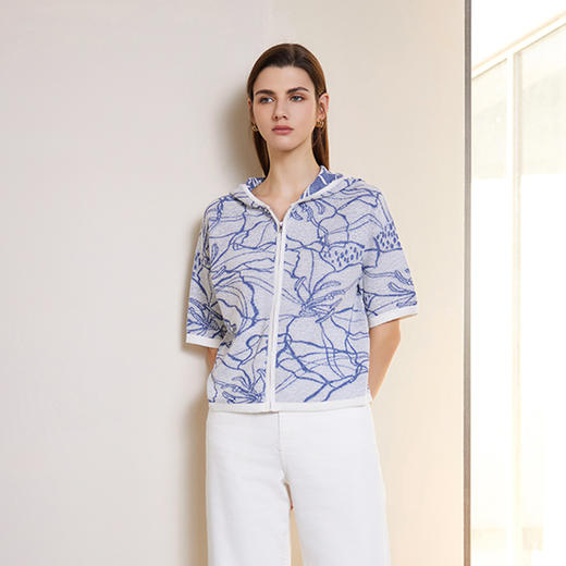 【连帽印花高织短袖针织衫】24年春夏新品女士荷花印花针织开衫外套 商品图2