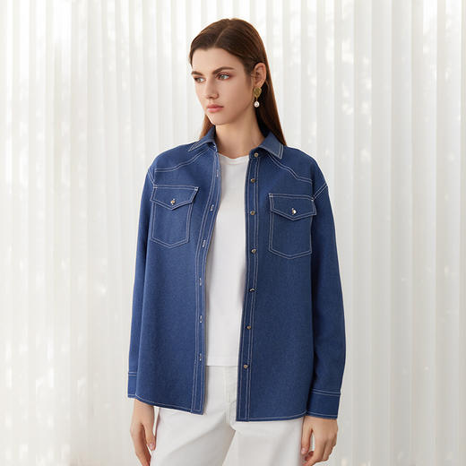 【牛仔蓝衬衫外套】24年春夏新品女士100%聚酯纤维时尚牛仔衬衫外套 商品图1