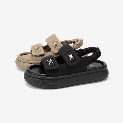 千百度厚底增高魔术贴沙滩凉鞋女款夏季度假海边平底凉鞋A24323028 商品图1