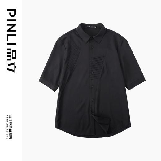 PINLI品立夏季新款扭褶五分袖休闲衬衫男士纯色商务短袖衬衣B242113086 商品图5