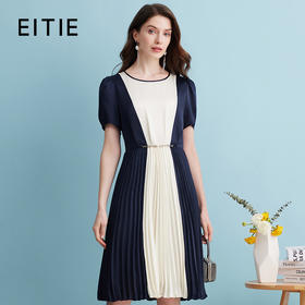 EITIE爱特爱夏季新款气质通勤时尚百搭撞色收腰显瘦裙摆褶皱连衣裙女7407127