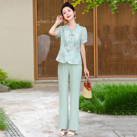 QYMFD0849-Y新中式国风复古印花上衣直筒裤两件套