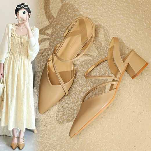 ZHR则则粗跟ins包头凉鞋女2024夏季新款韩版百搭尖头高跟鞋配裙子 商品图1