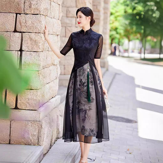 【高雅显年轻❗️轻奢复古长款连衣裙】用料奢华，彰显高贵，多种款式可选，复古黑色春夏款气质漂亮妈妈修身旗袍连衣裙，母亲节好礼L新年礼盒年货礼盒 商品图0