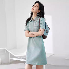 2024夏季新款女Polo领短袖条纹绣花时尚直筒休闲T恤连衣裙  DP117