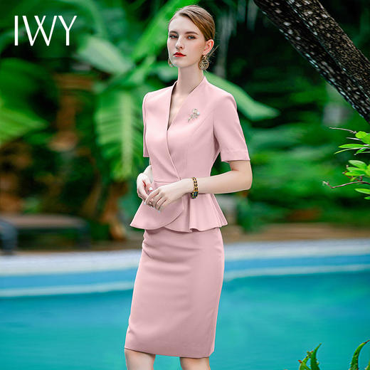 IWY/粉色西装套裙职业女裙套装西装裙夏季短袖美容院工作服CS1756-P 商品图4