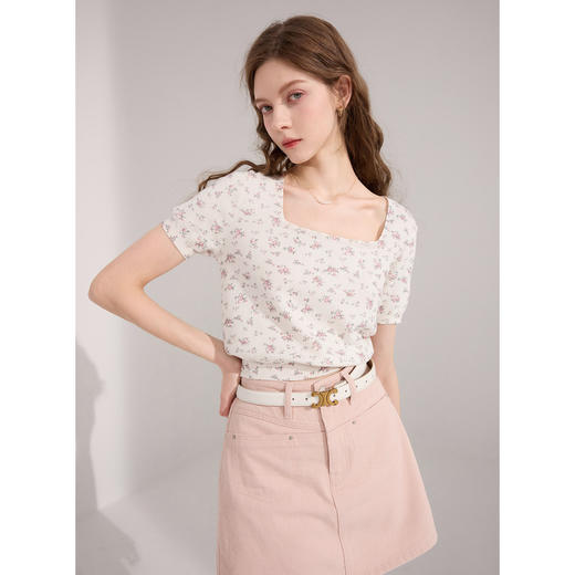 三彩2024夏季新款纯棉碎花针织衫法式方领短款毛衫短袖甜美清新女M 商品图2