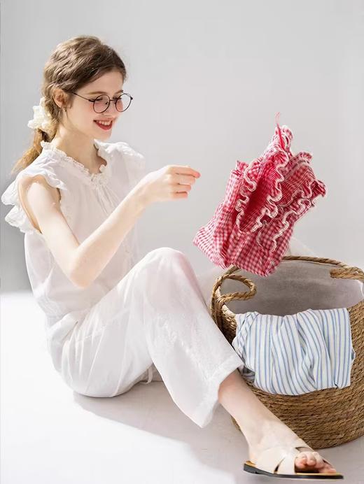 浮生八记/24A036/复古全棉格纹飞飞袖小衫 商品图2