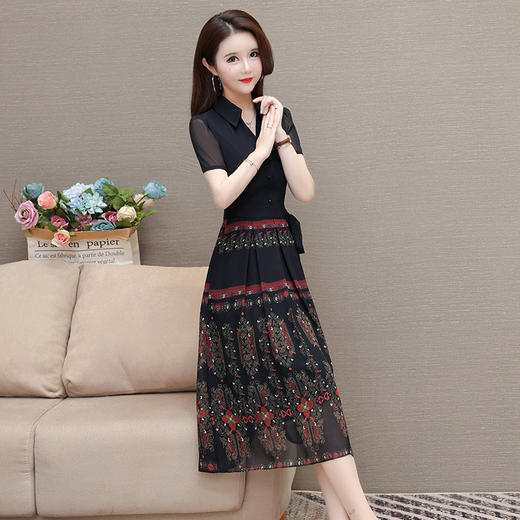 QYM 6628165-Y时尚印花连衣裙拼结假两件百褶裙 商品图1