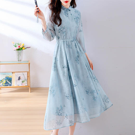 小清新文艺国风轻薄宽松显瘦盘扣气质蓝色连衣裙AHM-blty8713 商品图1