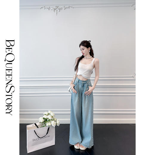 BeQueenStory【珍珠白巧】透气时尚手工缝珠百搭舒适天丝坑条背心 商品图4