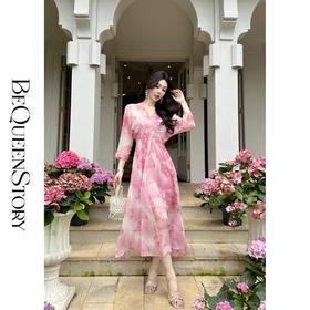 BeQueenStory【海棠风吟】100桑蚕丝高级感晕染V领收腰连衣裙送吊带