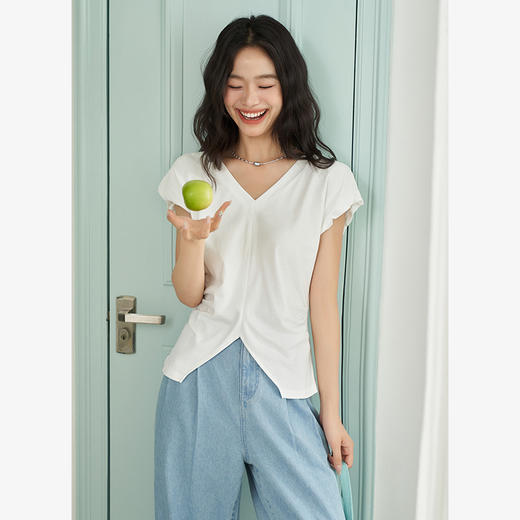 简约百搭设计感前开叉小飞袖T恤女夏季抽褶收腰T恤背心V1741404 商品图3