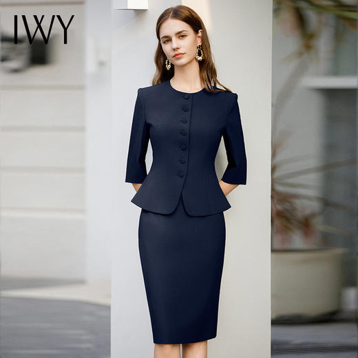 IWY/藏青色西装半裙女职业女裙套装夏季西装七分袖优雅工作服CS1975-Z 商品图1