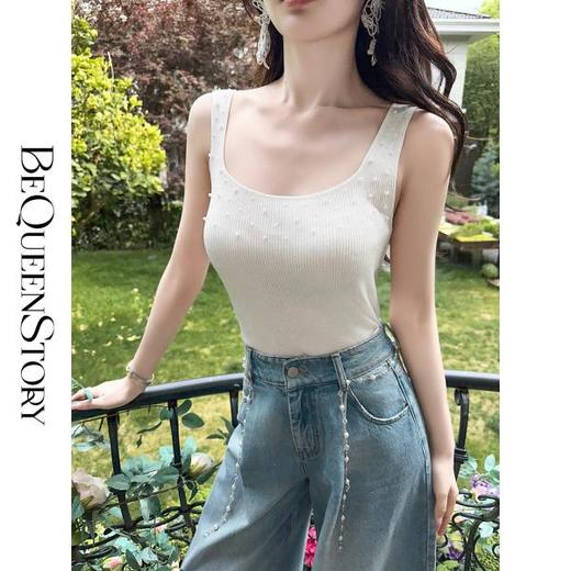 BeQueenStory【珍珠白巧】透气时尚手工缝珠百搭舒适天丝坑条背心 商品图0