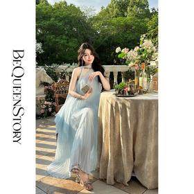 BeQueenStory【爱琴海风】法式立体压褶手工钉珠挂脖上衣&半裙套装