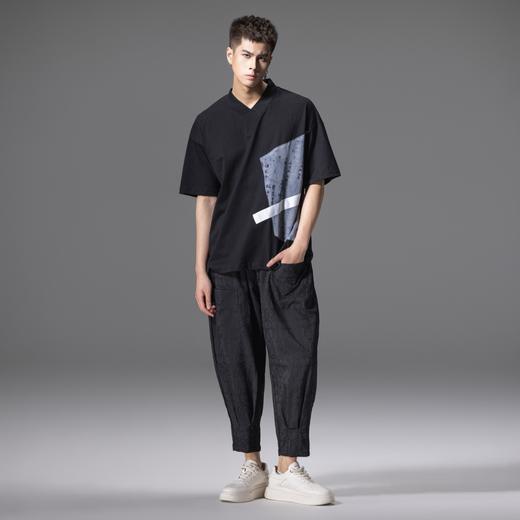 PINLI品立2024夏季新款中国风V领短袖T恤国潮贴布宽松休闲男体恤B242111075 商品图3