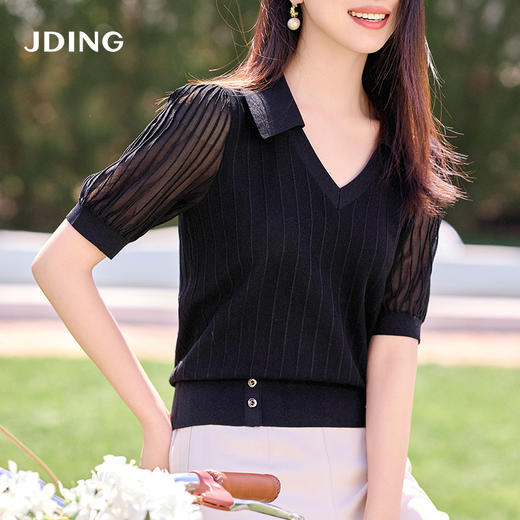 【商场同款】CJKJ501  “ 精美针织衫  ” 简约百搭黑色 腰封设计，巧妙提升腰线  灯笼袖缩窄肩宽  打造直角肩好穿显瘦 肌理感丰富微透的袖子 更有知性感 商品图0