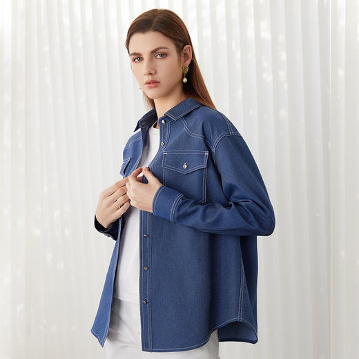【牛仔蓝衬衫外套】24年春夏新品女士100%聚酯纤维时尚牛仔衬衫外套 商品图3